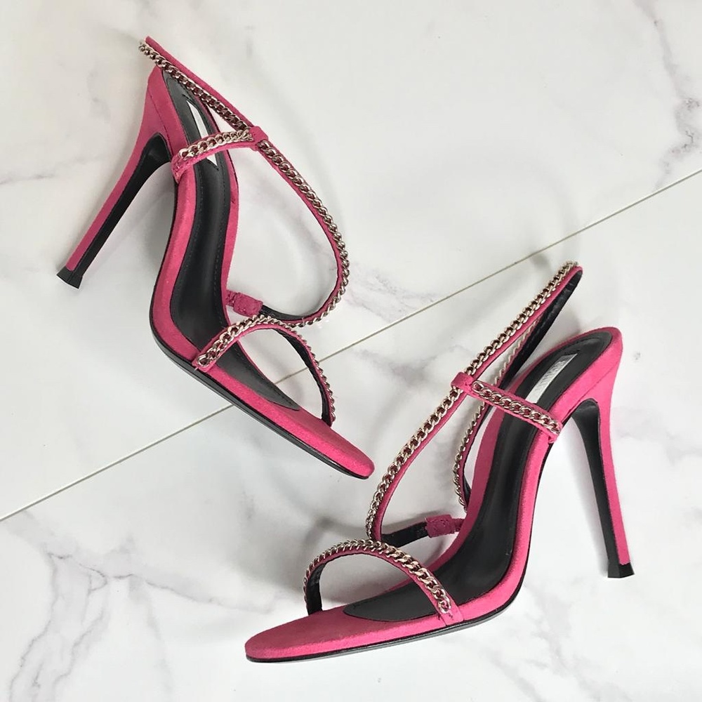 Schutz Pink Suede Ohana Chain Strappy Heels Sandal